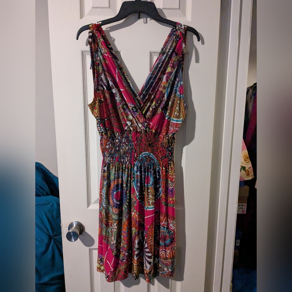 #73 Boho Floral Paisley Sleeveless Midi Dress Pink Multicolor Stretch No Size